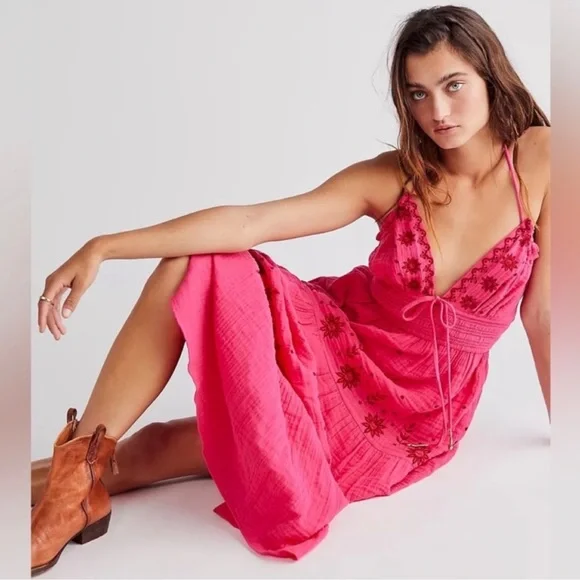 real love embroidered dress free people White Mark Women's Solid Fit and Flare Dress, Cotton Pink main image 0